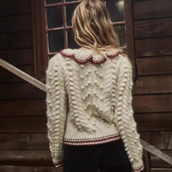 DOEN Rare Valentina Alpaca Peter Pan Collar Pom Pom Pullover Sweater Size XL - Picture 4 of 16